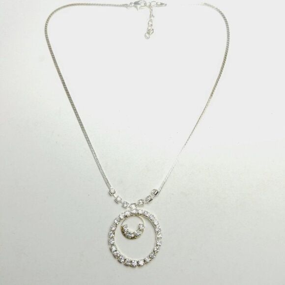 Vintage Circular Rhinestone Pendant Necklace, Silver Tone Chain, Sparkle - Picture 2 of 6